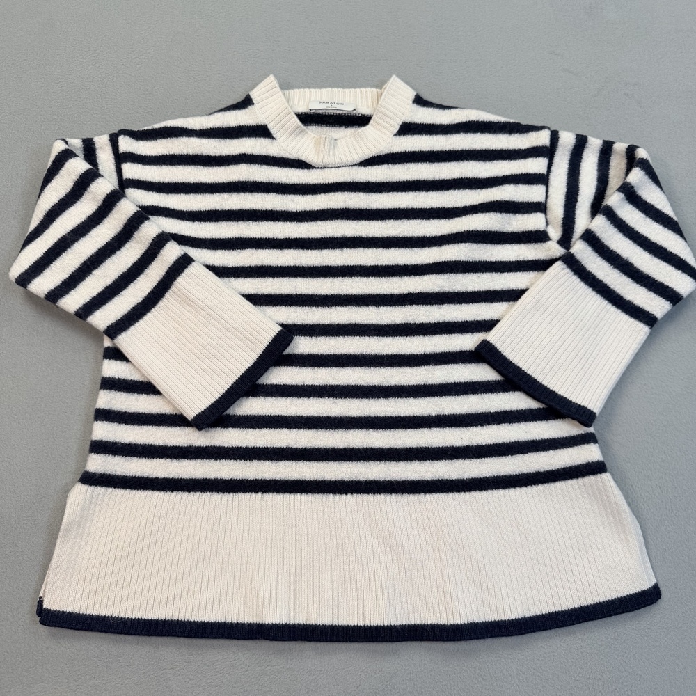 Babaton Sweater Womens Small White Navy Stripe Merino Wool Crewneck Pullover
